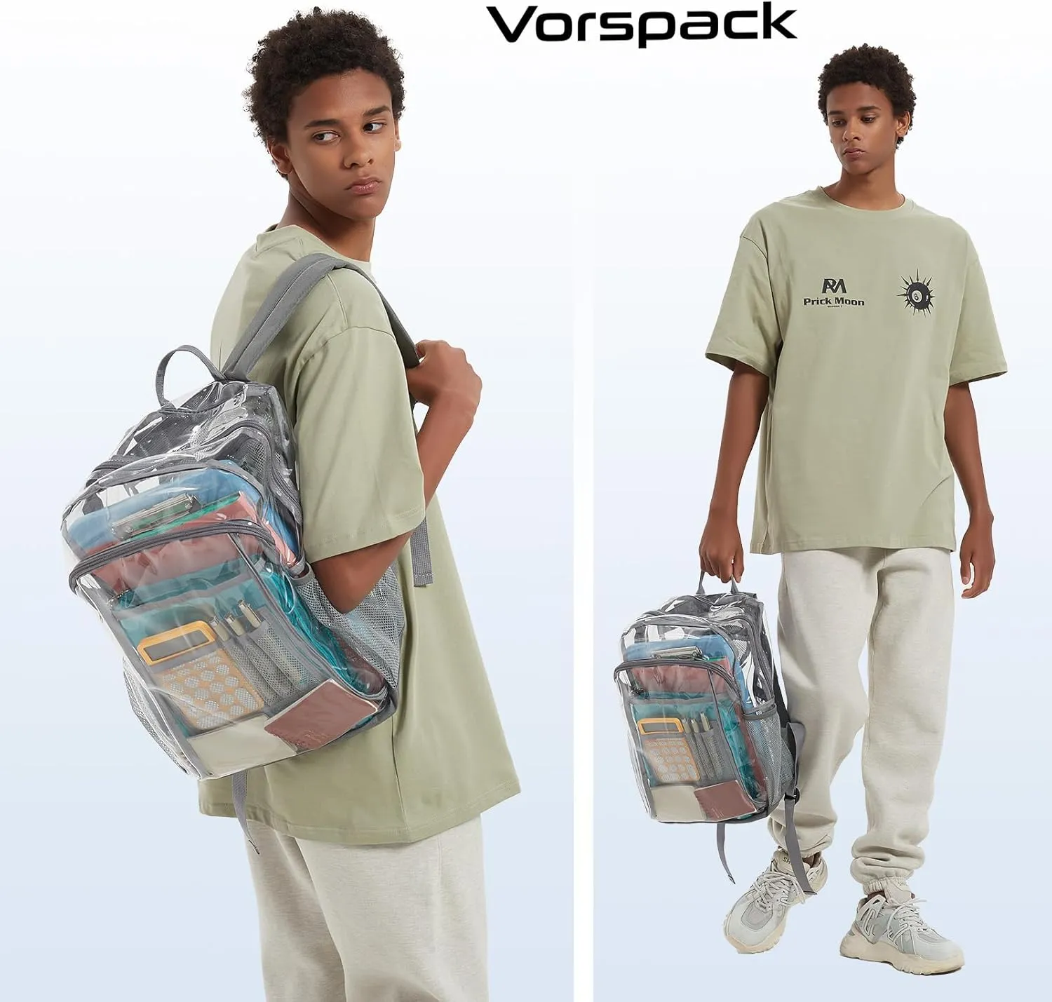 Vorspack Clear Backpack Heavy Duty - Clear Book Bag with Multi-pockets Large See Through Backpack for College Workplace - Grey