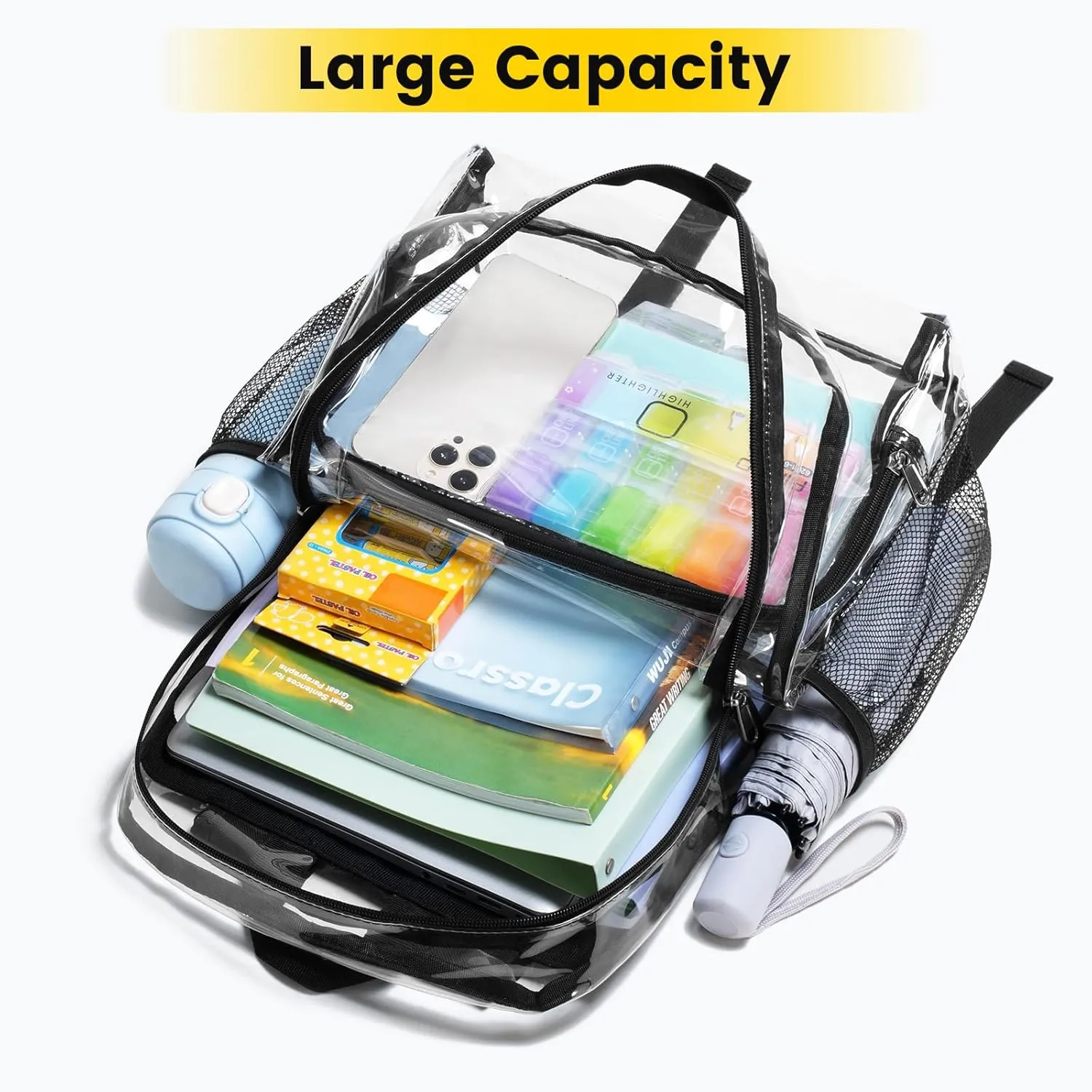 Vorspack Clear Backpack Heavy Duty - Large Clear Backpacks for School See Through Bookbag for Girls Boys Transparent Bag for Work, Concert, College - Black