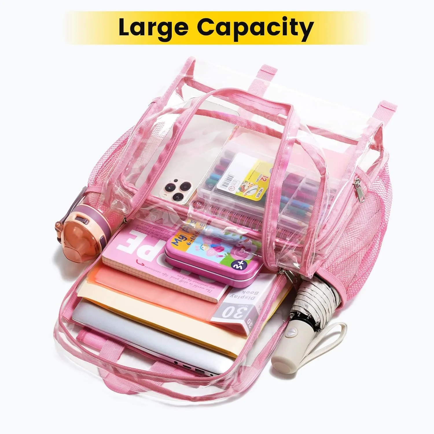 Vorspack Clear Backpack Heavy Duty - Large Clear Backpacks for School See Through Bookbag for Girls Boys Transparent Bag for Work, Concert, College - Pink
