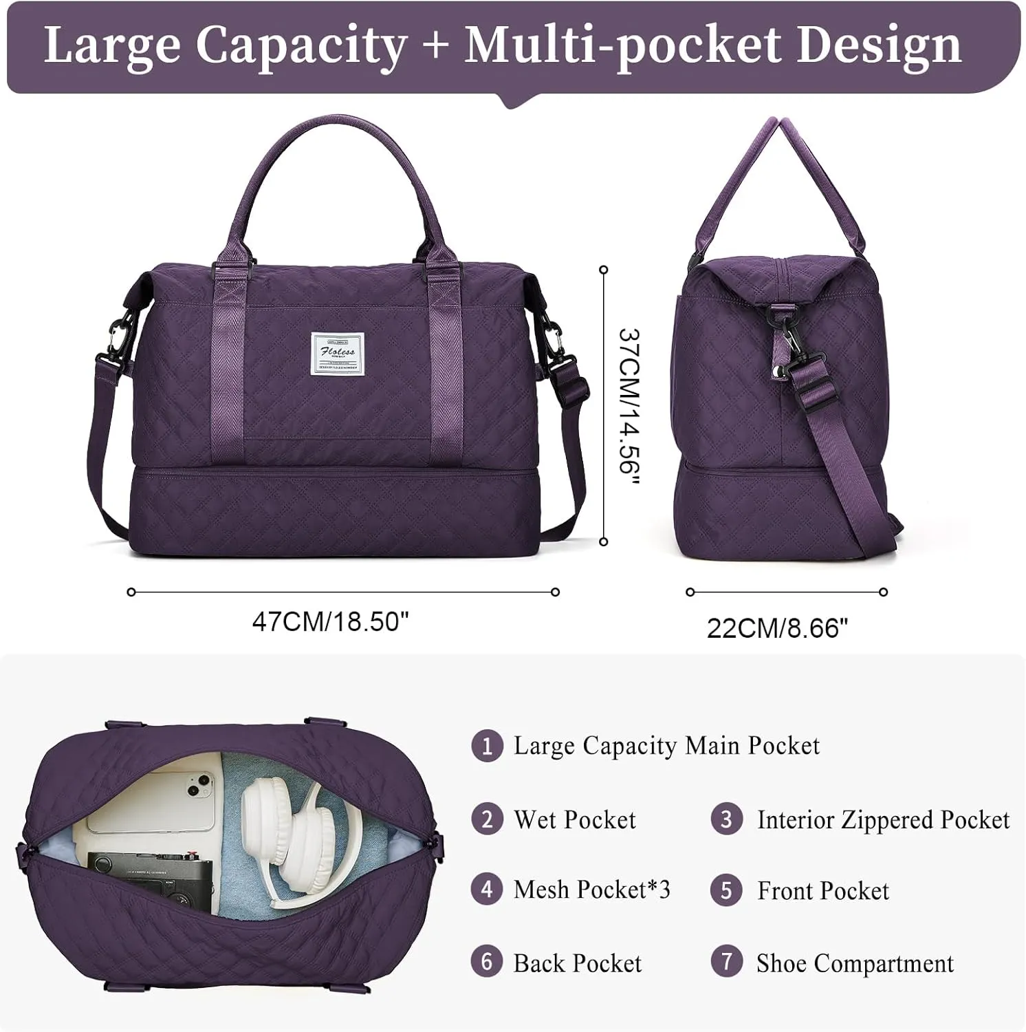 Weekender Bags for Women, Carry on Overnight Weekend Travel Duffel Bag with Shoes Compartment &Toiletry Bag, Personal Item Bag for Travel Business Trips Sport Hospital