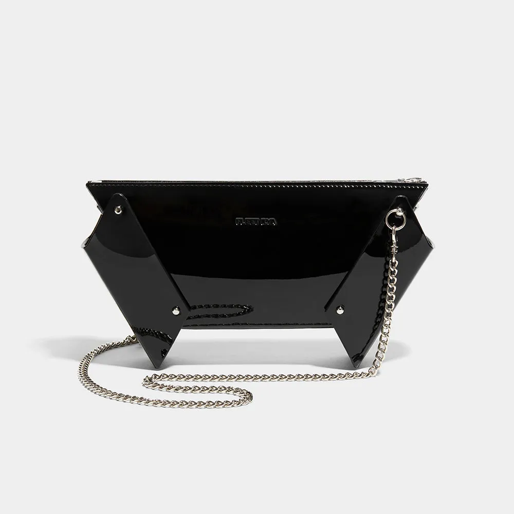 WINGED BOX CLUTCH WITH CHAIN PATENT BLACK