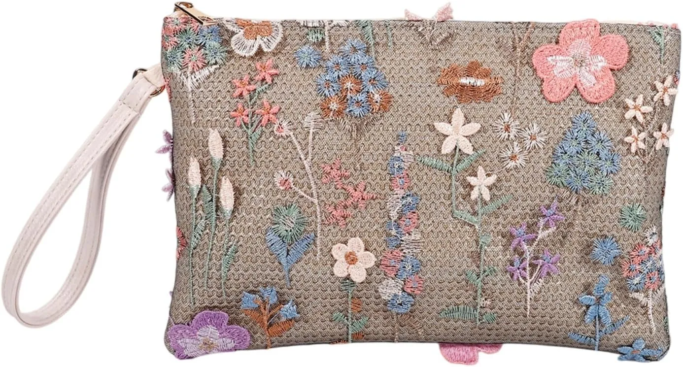 Women Floral Embroidery Beaded Clutch Purses, Woven Wristlet Sequin Summer Purse,Evening Bag for Formal Beach Party Wedding