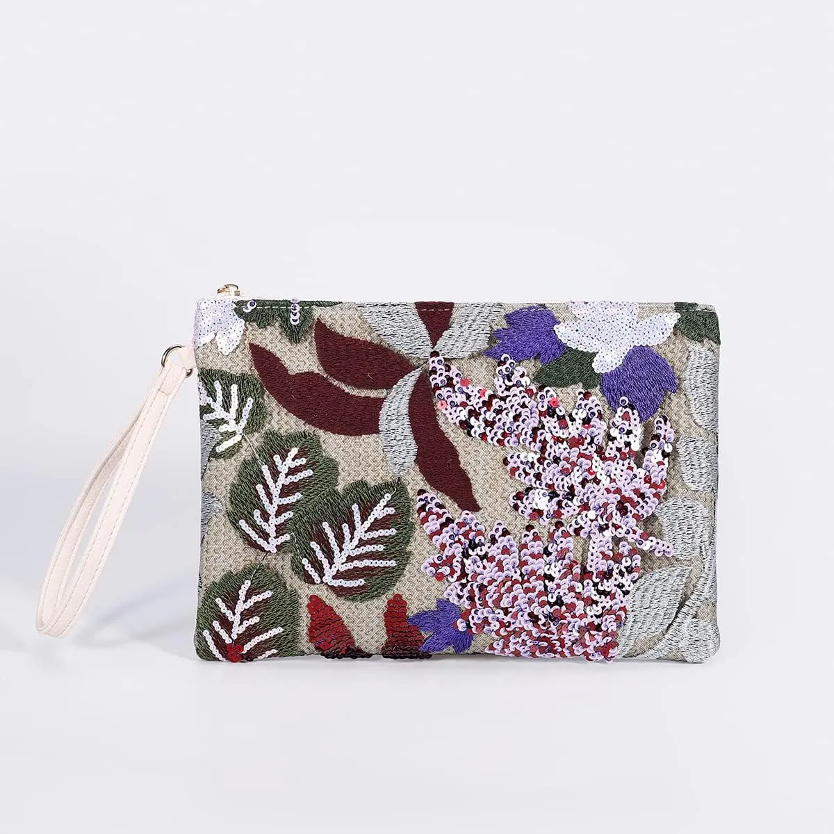 Women Floral Embroidery Beaded Clutch Purses, Woven Wristlet Sequin Summer Purse,Evening Bag for Formal Beach Party Wedding