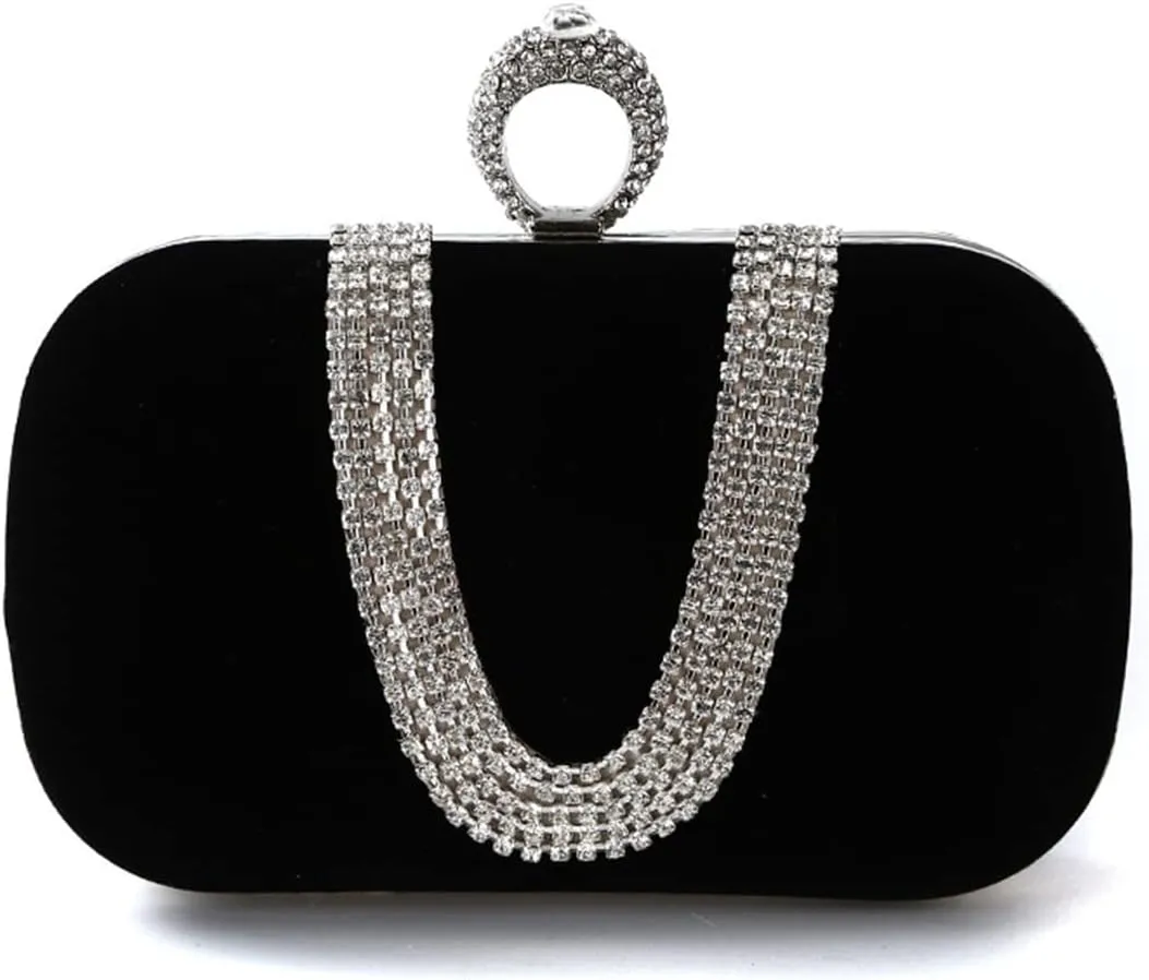 Women Velvet Evening Bag Sparkly Rhinestone Clutch Bag Bridal Wedding Purse Charming Glittering Handbag
